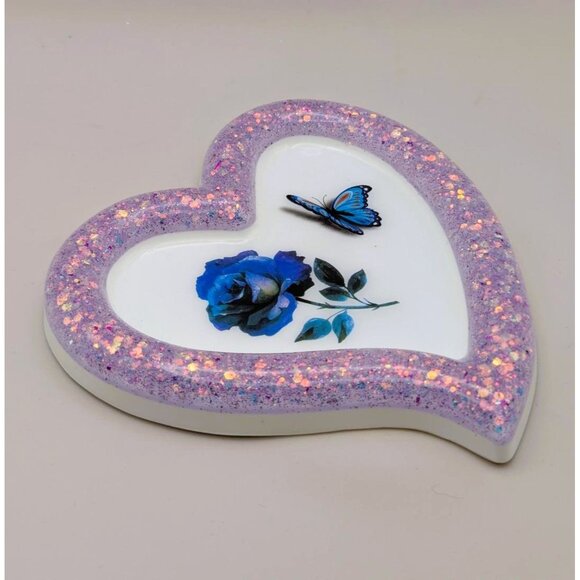 Purple Glitter Heart-Shaped Trinket Dish Blue Rose & Butterfly Design - Picture 1 of 8